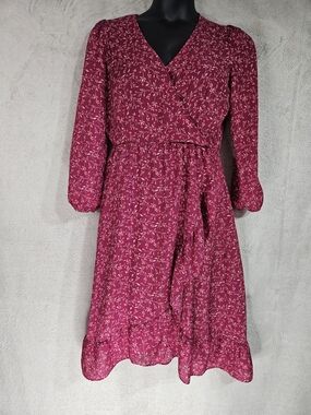Old Navy Raspberry Floral Wrap-Style Long Sleeve Midi Dress